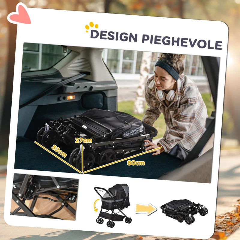 Foldable Dog Stroller with Swivel Handle and Storage Basket, Black - Borge' Group Limited