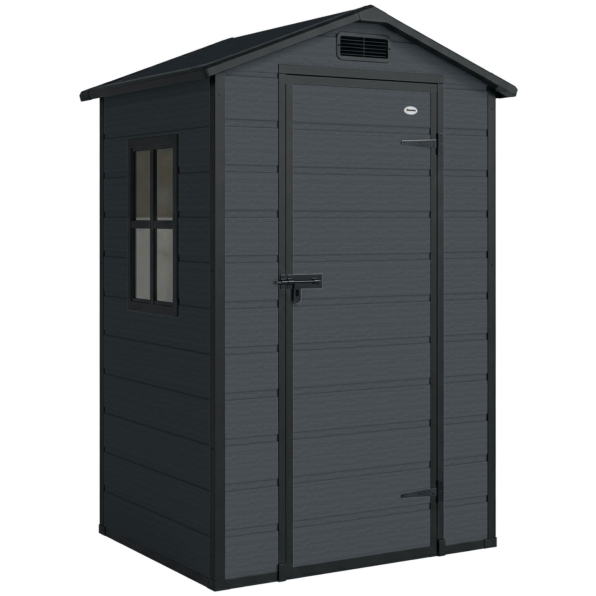 Outsunny 2-Door Tool Shed with Windows and Air Vents, PP and Aluminum, 128x104x196 cm, Dark Gray