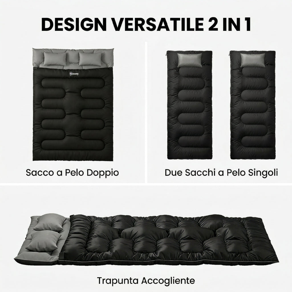 Outsunny Double Sleeping Bag for 2 Adults with Pillows, 230x165 cm, Black