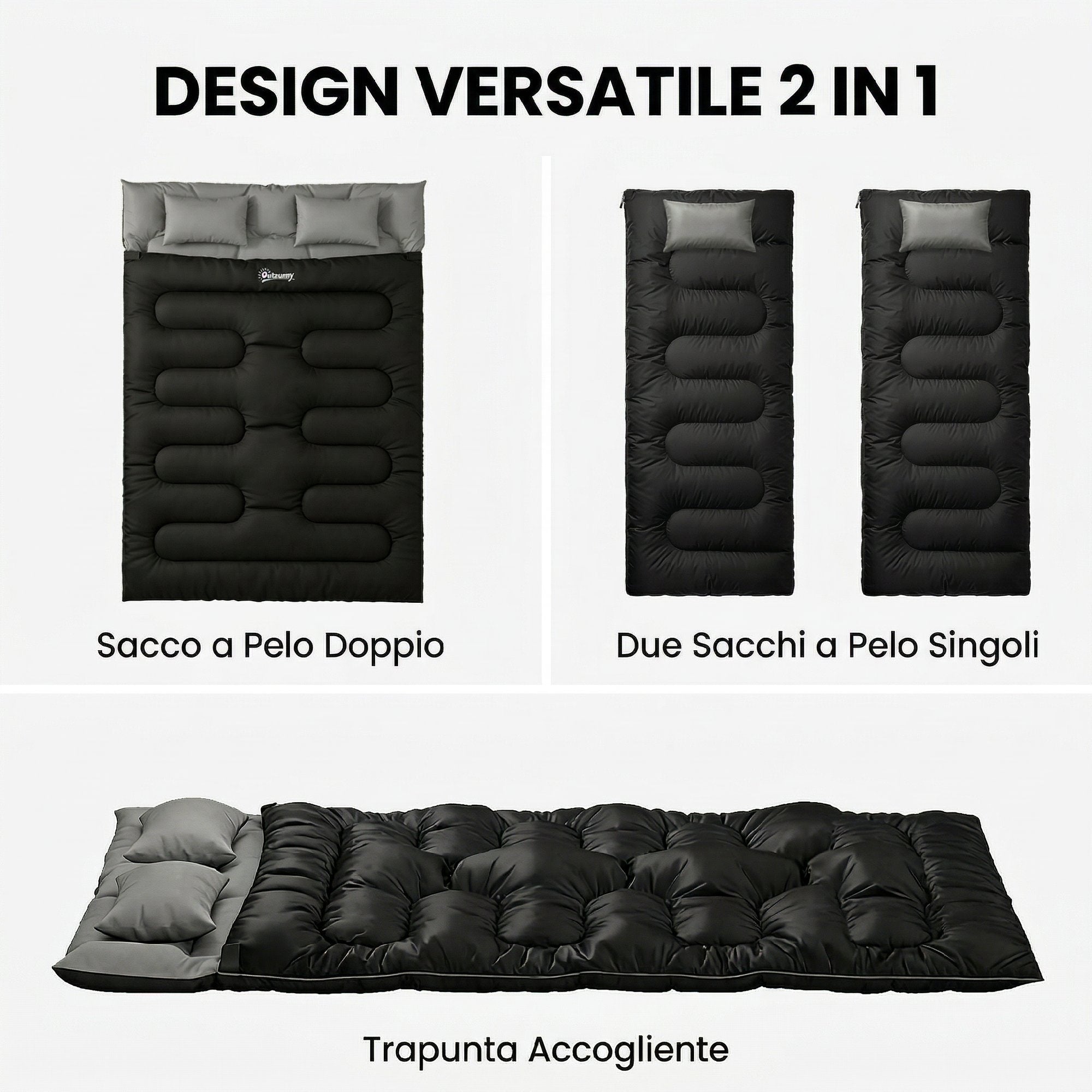 Outsunny Double Sleeping Bag for 2 Adults with Pillows, 230x165 cm, Black