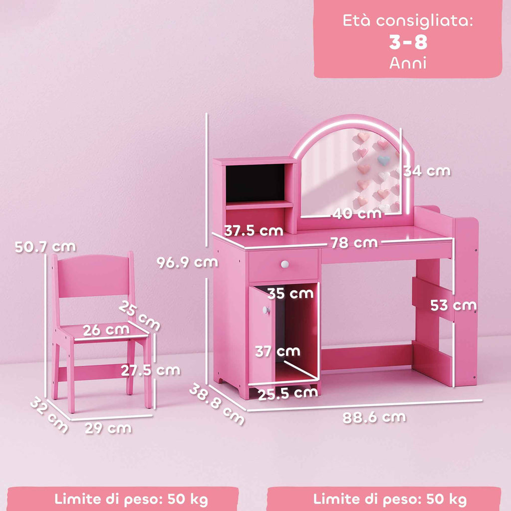 AIYAPLAY 2-in-1 Kids Dressing Table Set with Mirror, Chair, LED Light, Cabinet, Shelves and Bookcase, Pink
