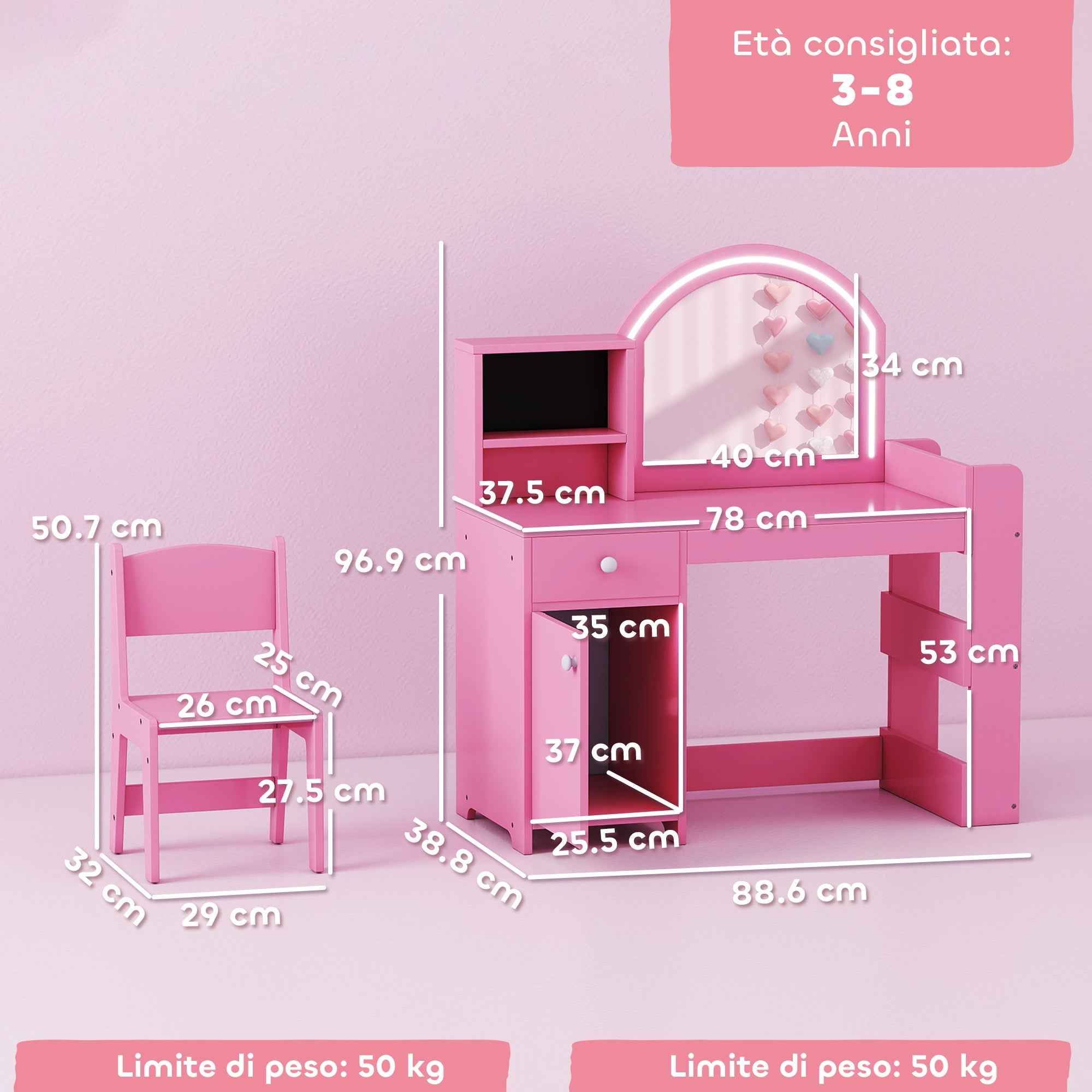 AIYAPLAY 2-in-1 Kids Dressing Table Set with Mirror, Chair, LED Light, Cabinet, Shelves and Bookcase, Pink