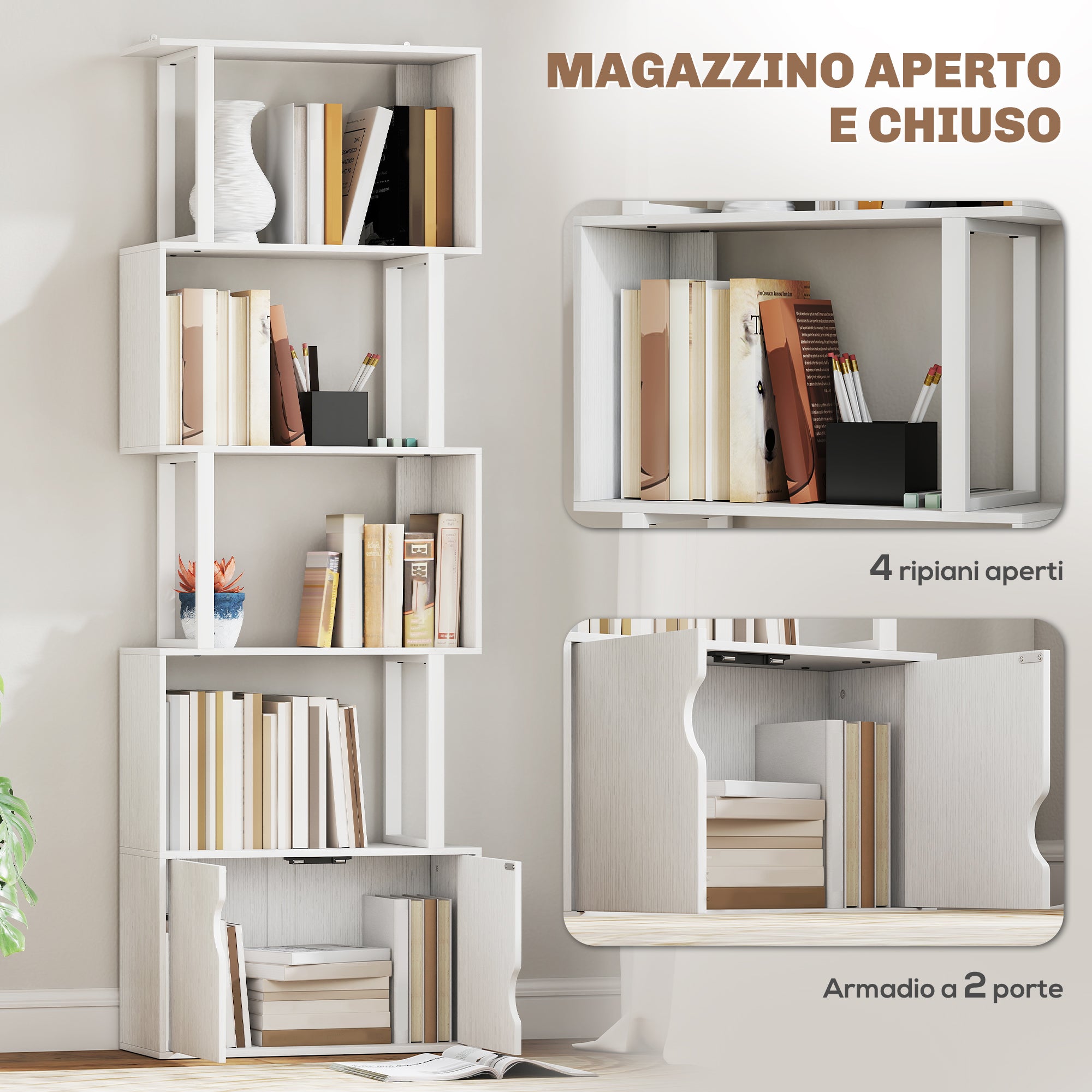 Modern Bookcase with 5 Shelves and 2-Door Wooden Cabinet, 60x23.8x179.2 cm, White
