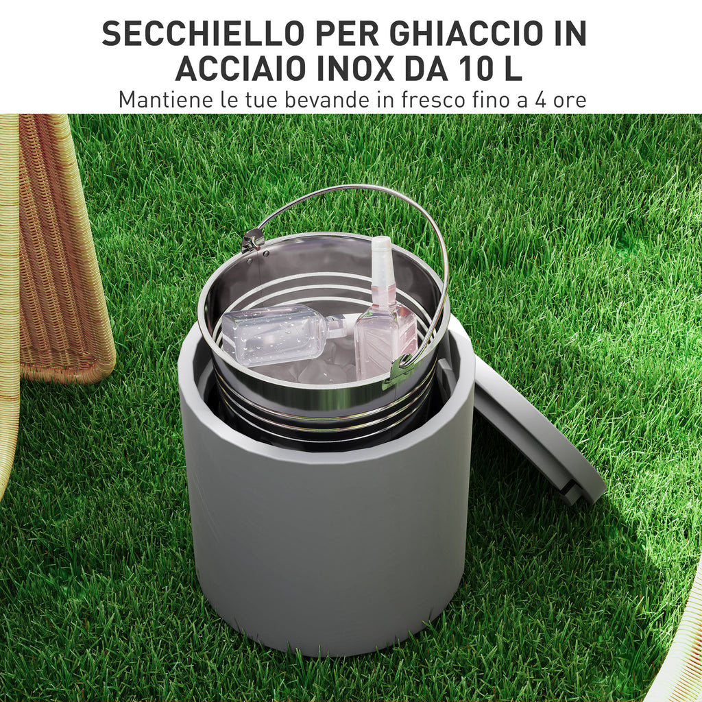 Multipurpose Coffee Table with Ice Bucket and Lid, in Concrete and Stainless Steel, Ø37.5x43.5 cm, Light Grey