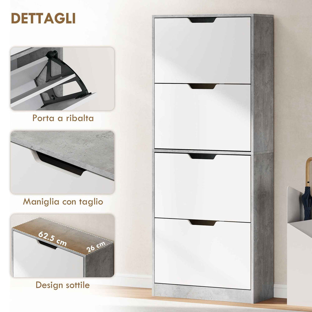 HOMCOM Space-Saving Modern 4-Door Shoe Rack for 16 Pairs of Shoes, 62.5 x 26 x 156 cm, Cement Grey