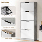 HOMCOM Space-Saving Modern 4-Door Shoe Rack for 16 Pairs of Shoes, 62.5 x 26 x 156 cm, Cement Grey