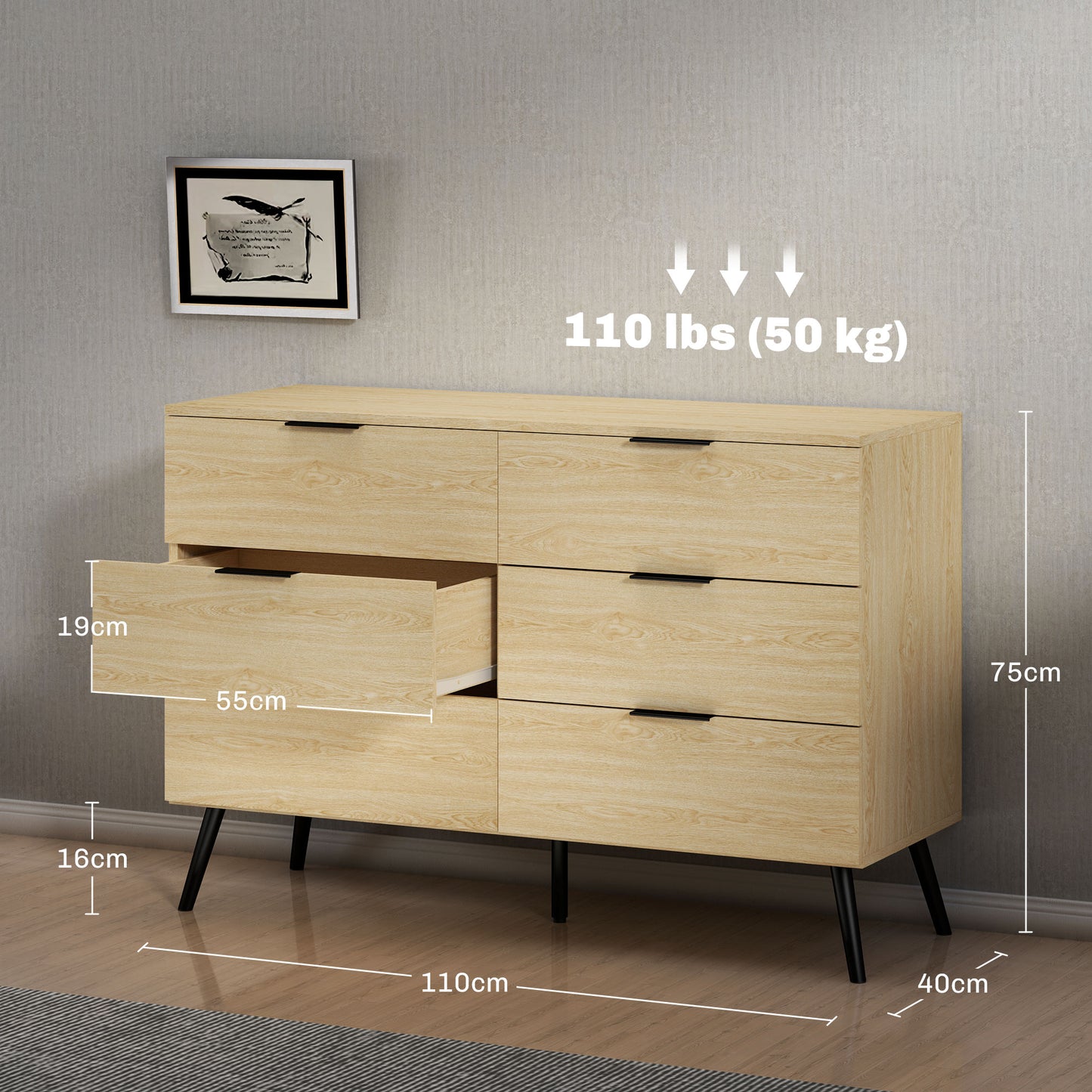 Drawer Wooden Chest of Drawers for Bedroom and Entrance, 110x40x75cm, Oak