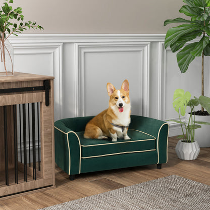 Sofa for Small and Medium Size Dogs with Cushion, in Velvet and Wood Effect Fabric, 79x56x35 cm, Dark Green