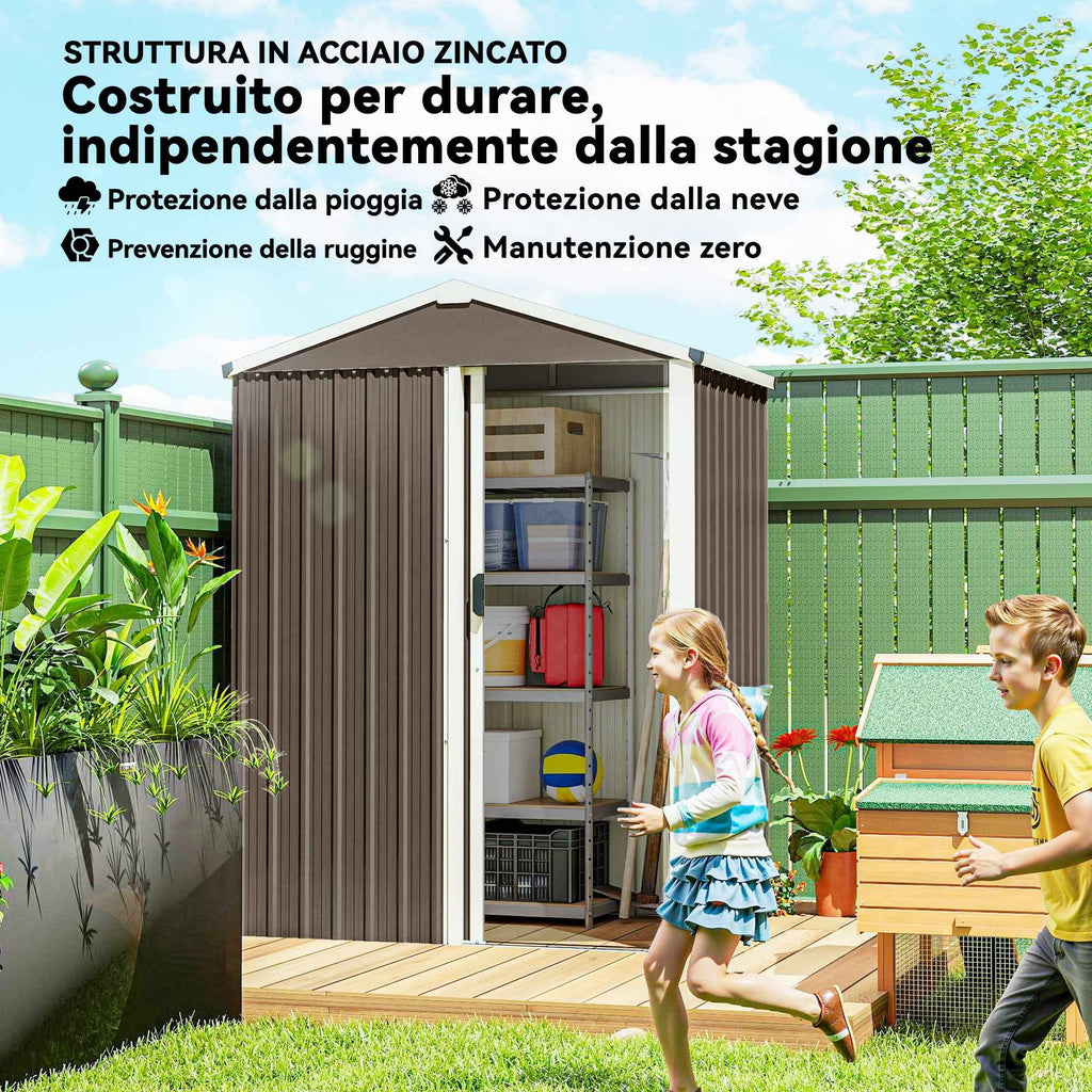 Outsunny 1.1m² Steel Garden Shed with Lockable Sliding Door, 136x87x179cm, Brown
