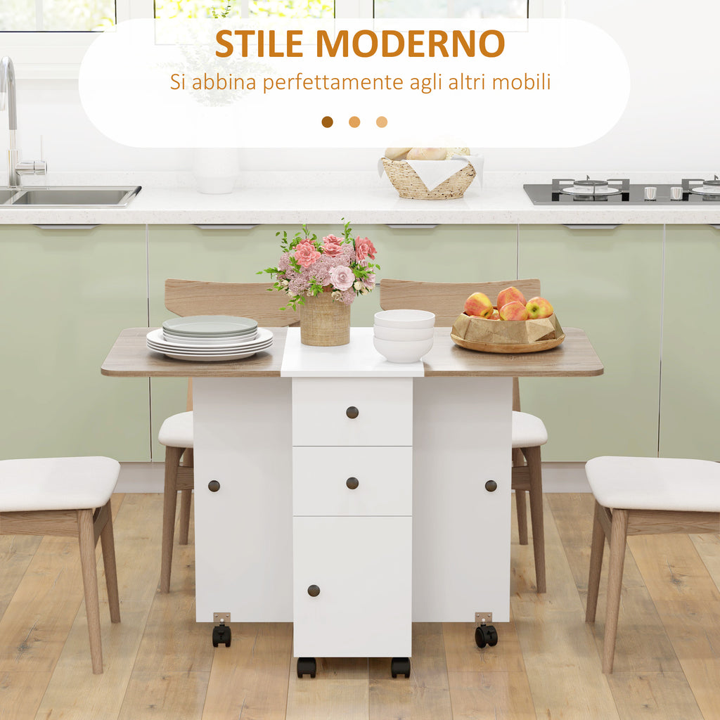 Folding Table with 2 Drawers and Cabinet, 6 Wheels and Brakes, 120x60x76.5 cm, White and Oak