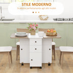 Folding Table with 2 Drawers and Cabinet, 6 Wheels and Brakes, 120x60x76.5 cm, White and Oak