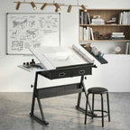 Adjustable Drafting Table, Writing Desk and Stool for Drawing and Working, White