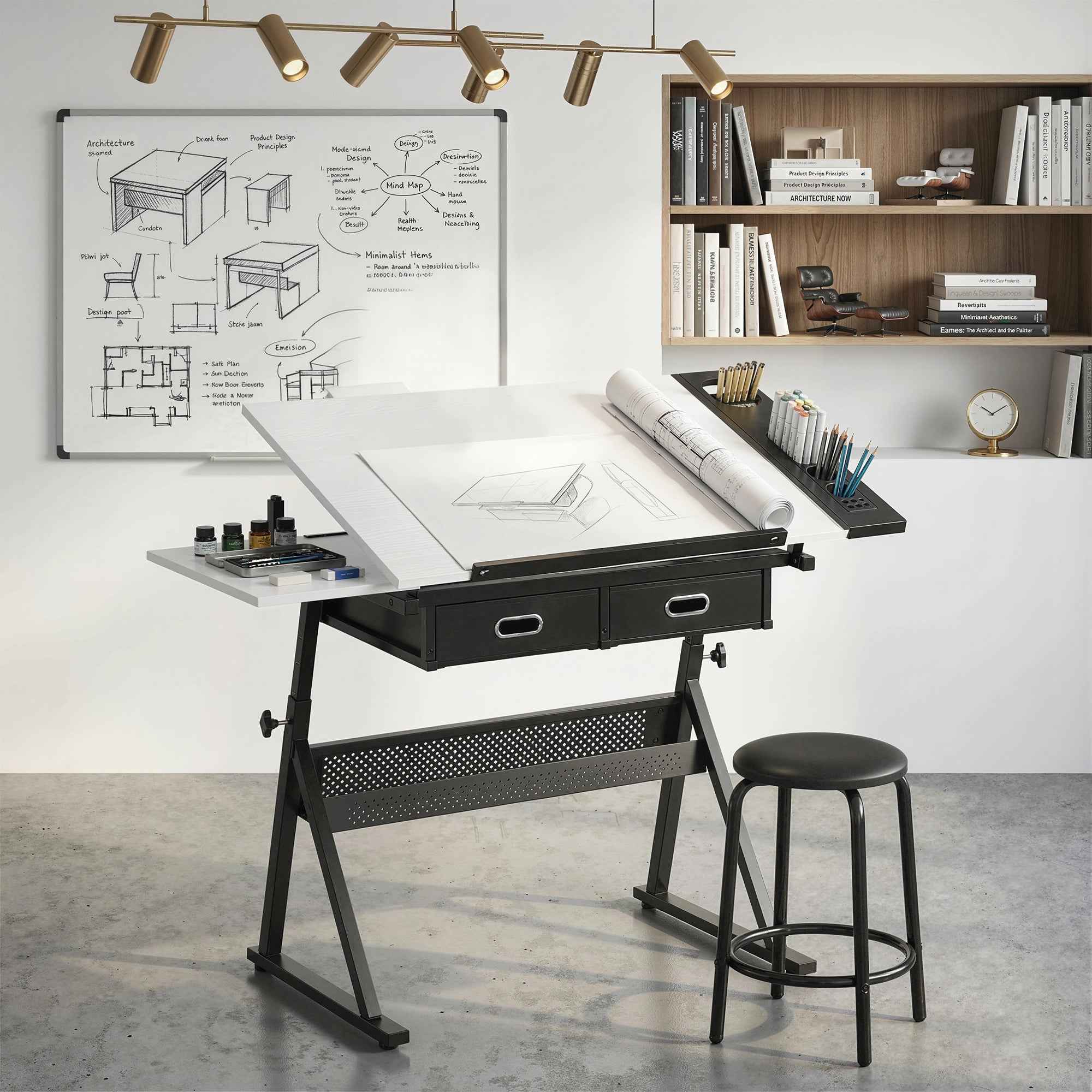 Adjustable Drafting Table, Writing Desk and Stool for Drawing and Working, White