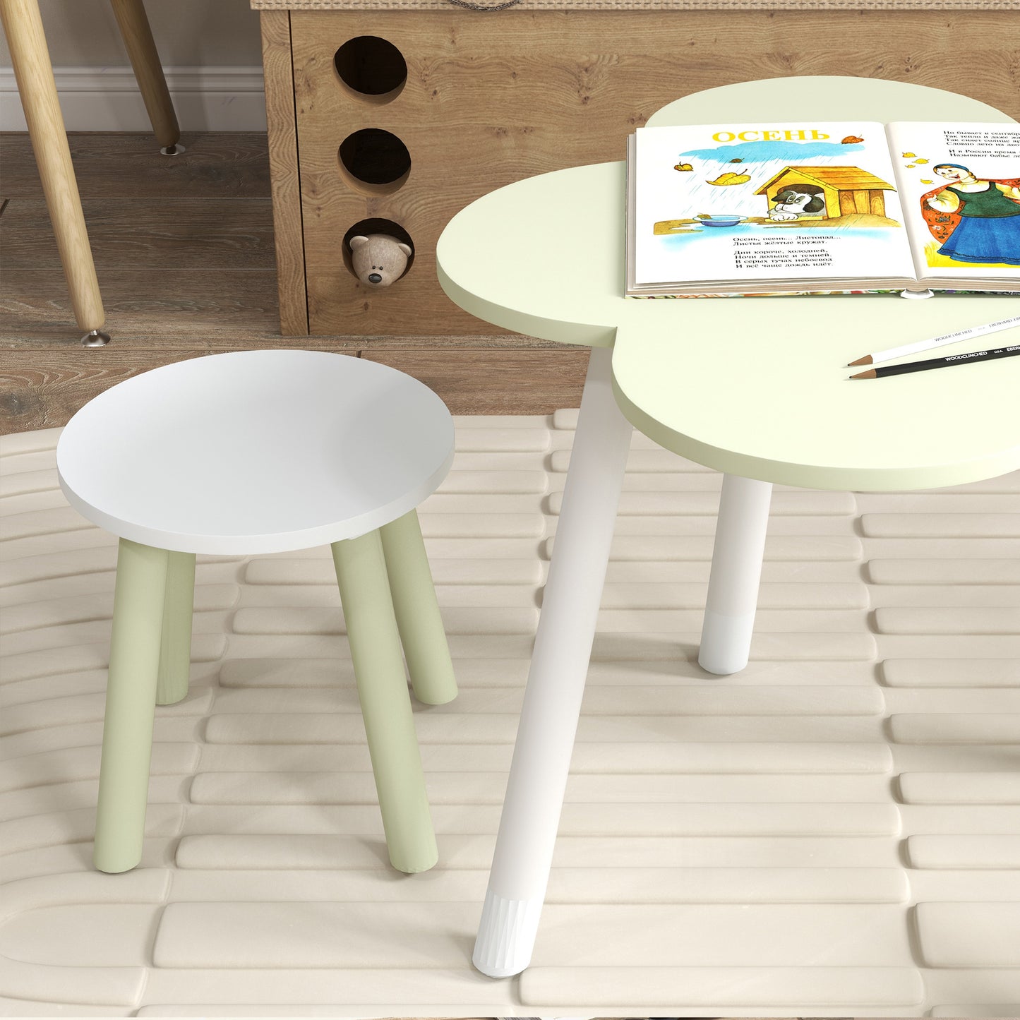 Table and Chair Set for Children 2-5 Years, 3 pieces in MDF and Pine Wood with Flower Design, Yellow and White