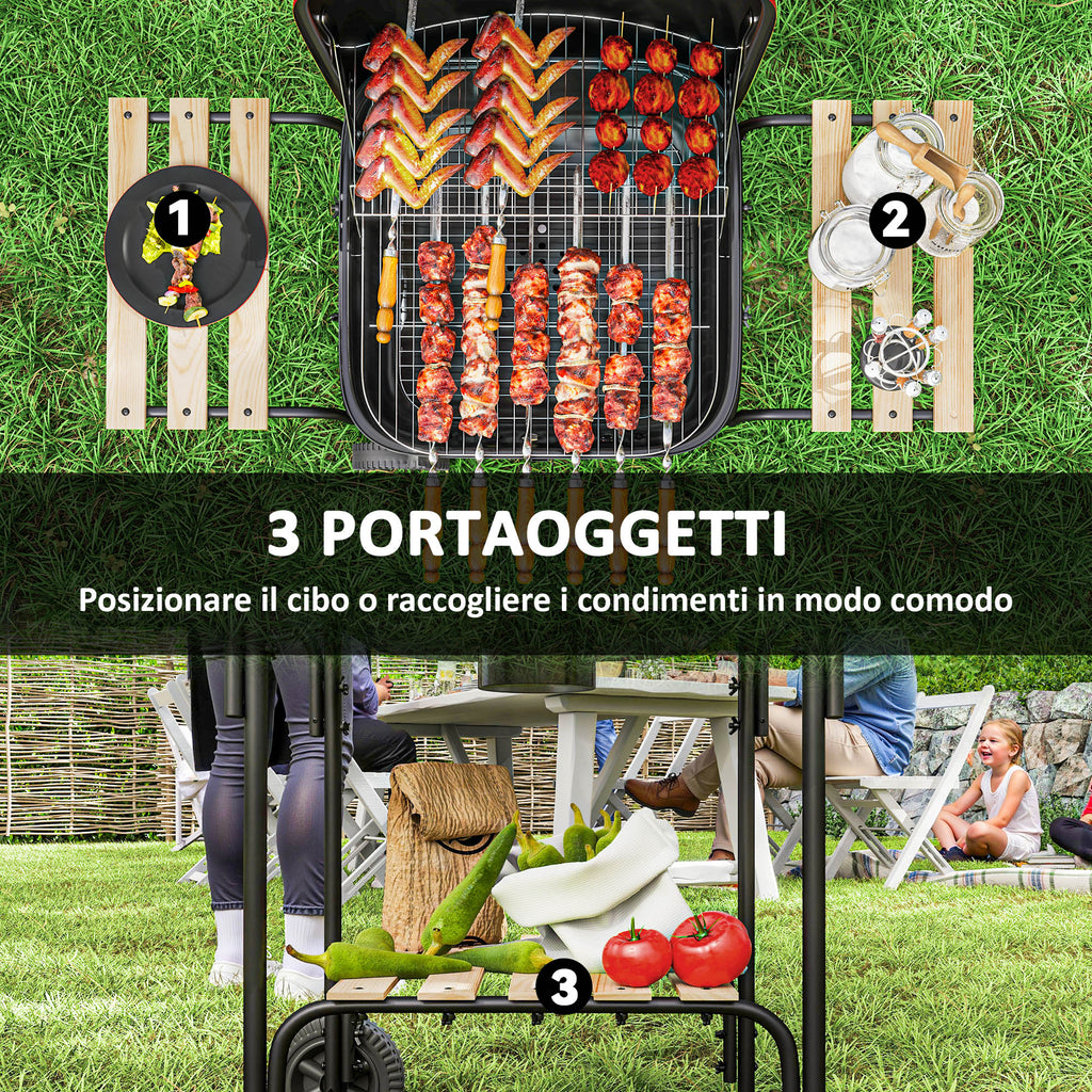 3-Tier Charcoal Barbecue with Wheels, Adjustable Air Vent Lid, Red