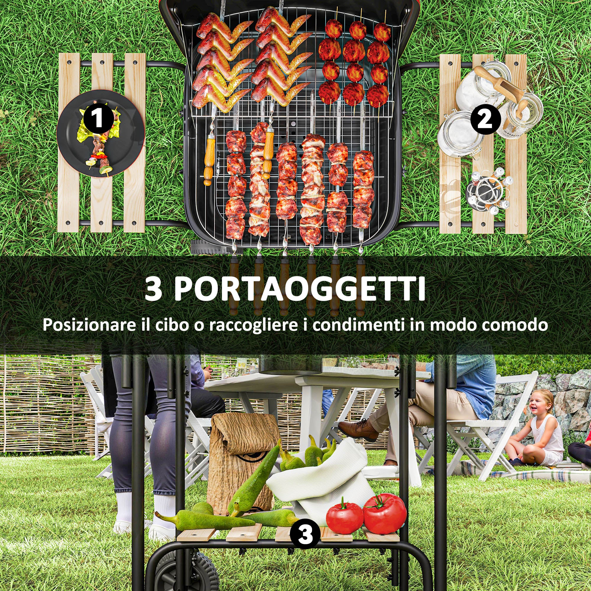 3-Tier Charcoal Barbecue with Wheels, Adjustable Air Vent Lid, Red