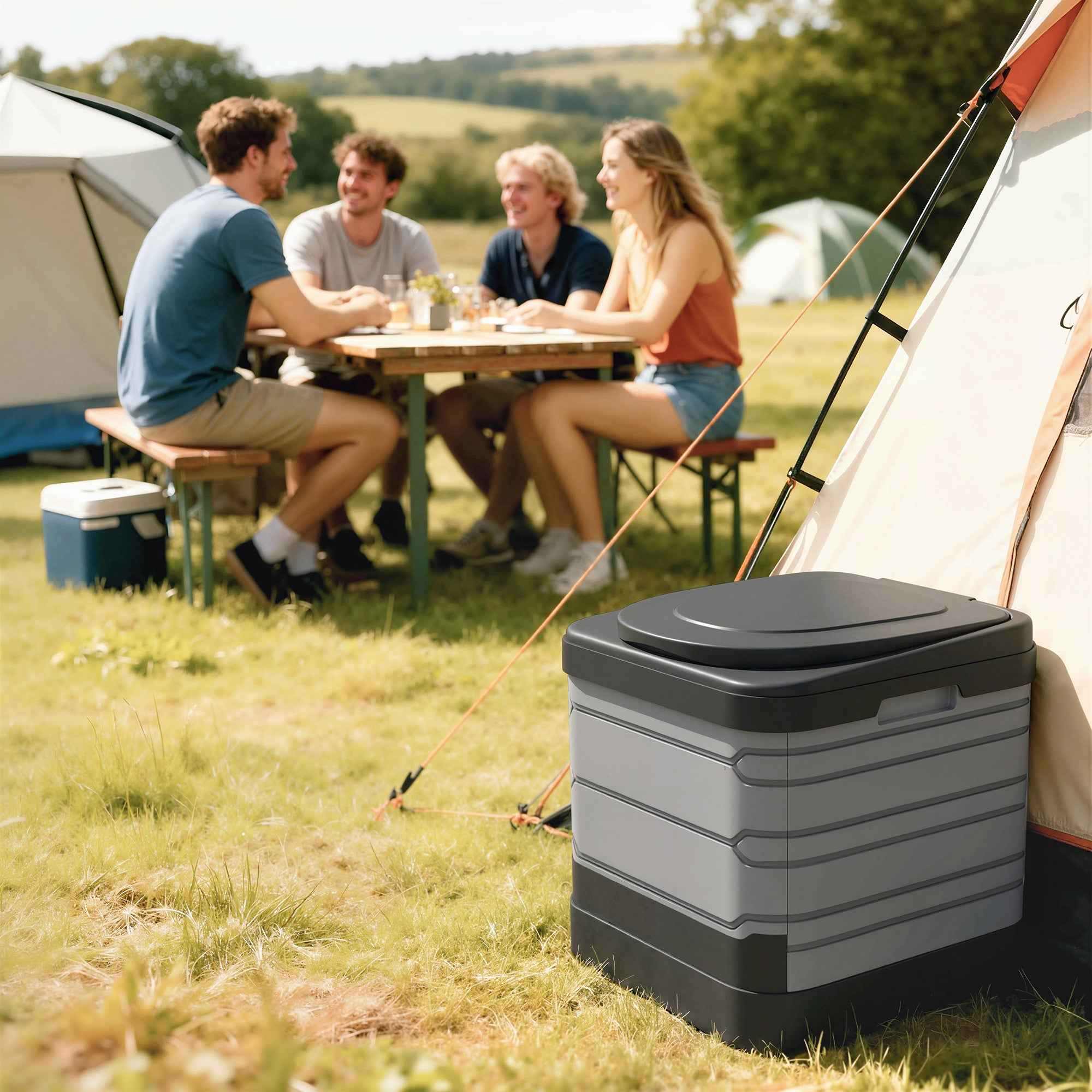 Outsunny Portable Camping Toilet with 12 Clotting Packets and 12 Disposal Bags, 42x46x43.5 cm, Grey and Black