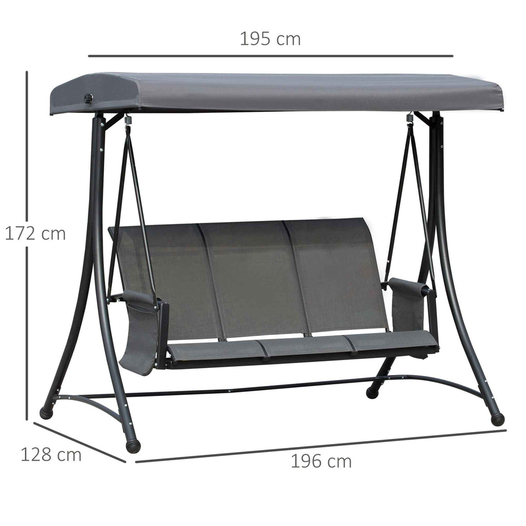 Outsunny 3-Seater Garden or Terrace Swing with Adjustable Canopy and Storage Pockets, Dark Grey, 196 x 128 x 172 cm