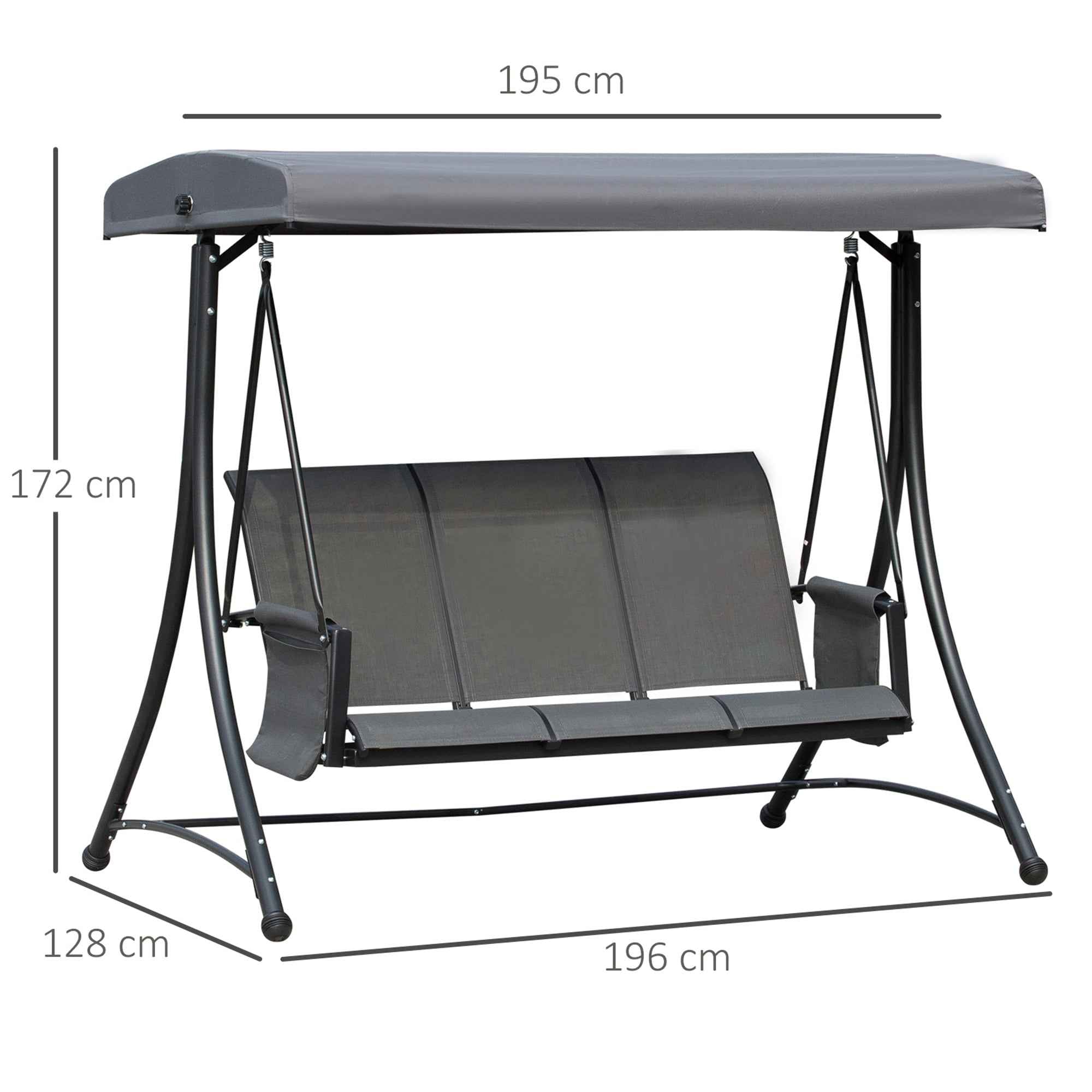 Outsunny 3-Seater Garden or Terrace Swing with Adjustable Canopy and Storage Pockets, Dark Grey, 196 x 128 x 172 cm