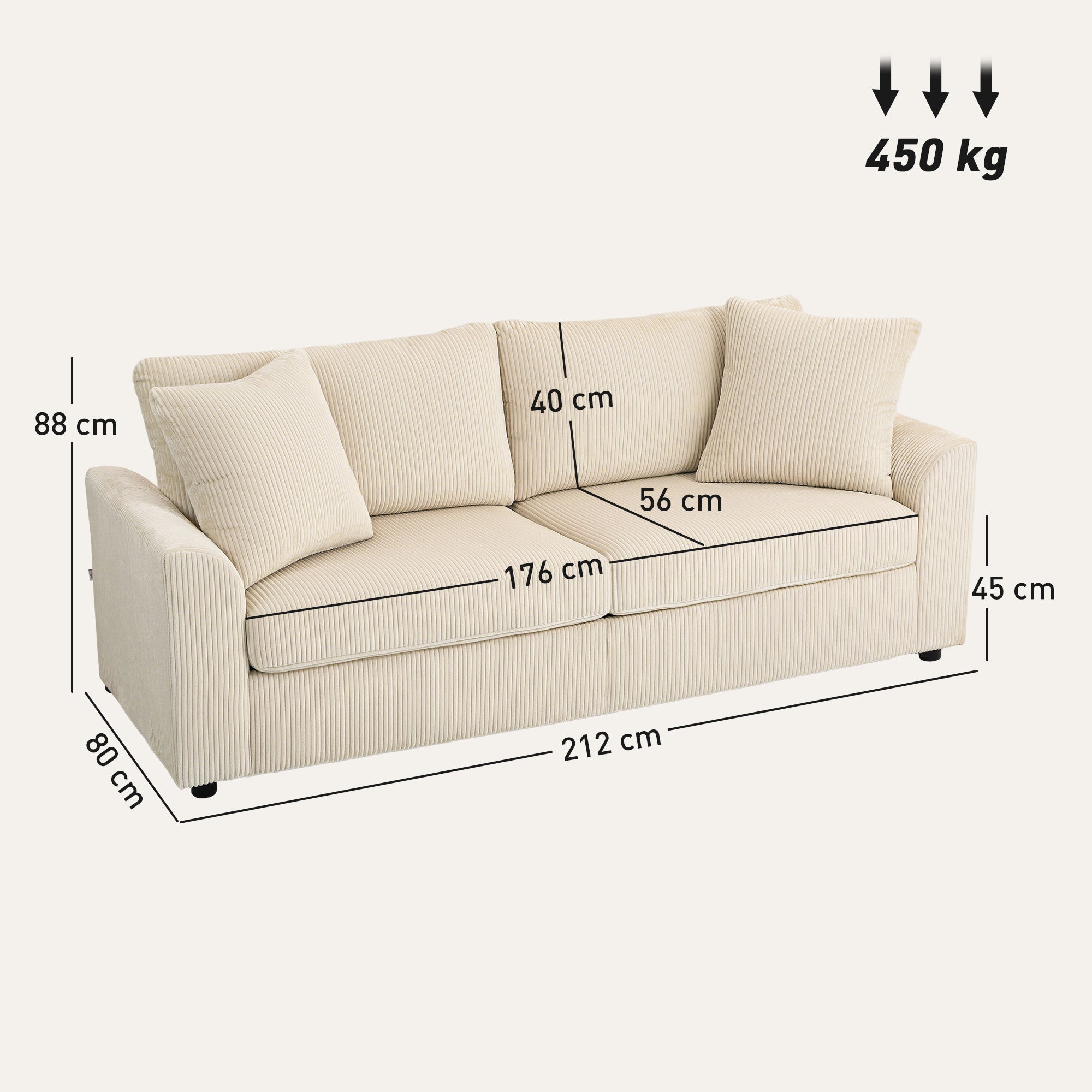 3 Seater Corduroy Sofa with Pocket Sprung and 2 Cushions, 212x80x88 cm, Cream White
