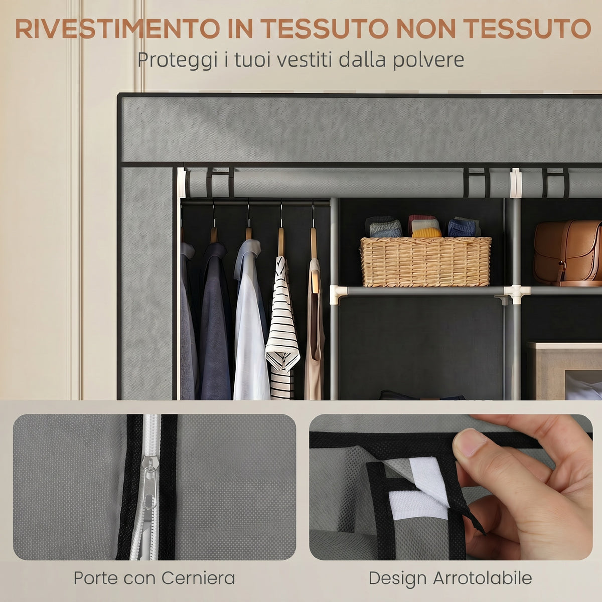 HOMCOM Portable Non-Woven Fabric and Steel Wardrobe with Wheels, 10 Compartments and 2 Hanging Rails, Dark Grey