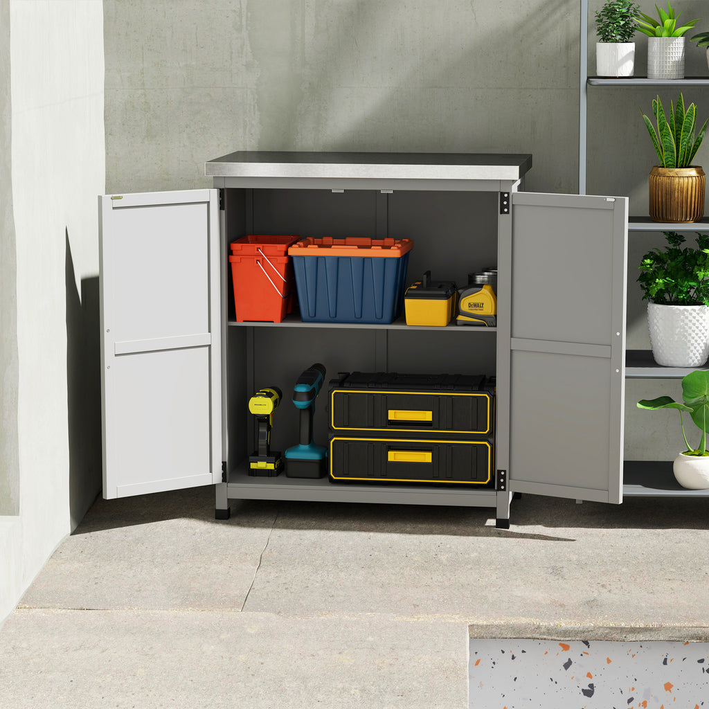 Outdoor Cabinet with Shelf and Workbench in Wood and Steel, 79x43x92 cm, Grey