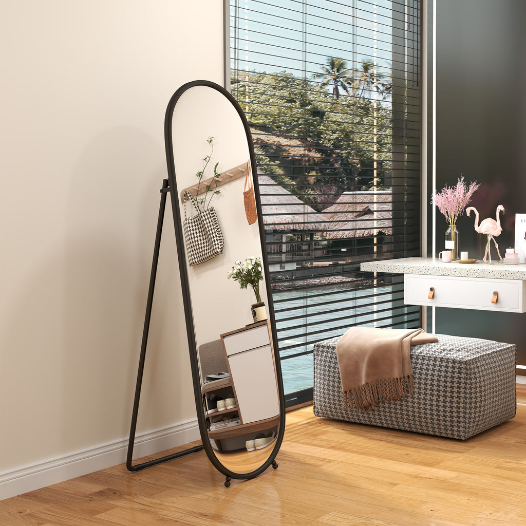 Full-Length Floor Mirror with Folding Stand, in Glass and Metal, 40x41x159 cm, Black