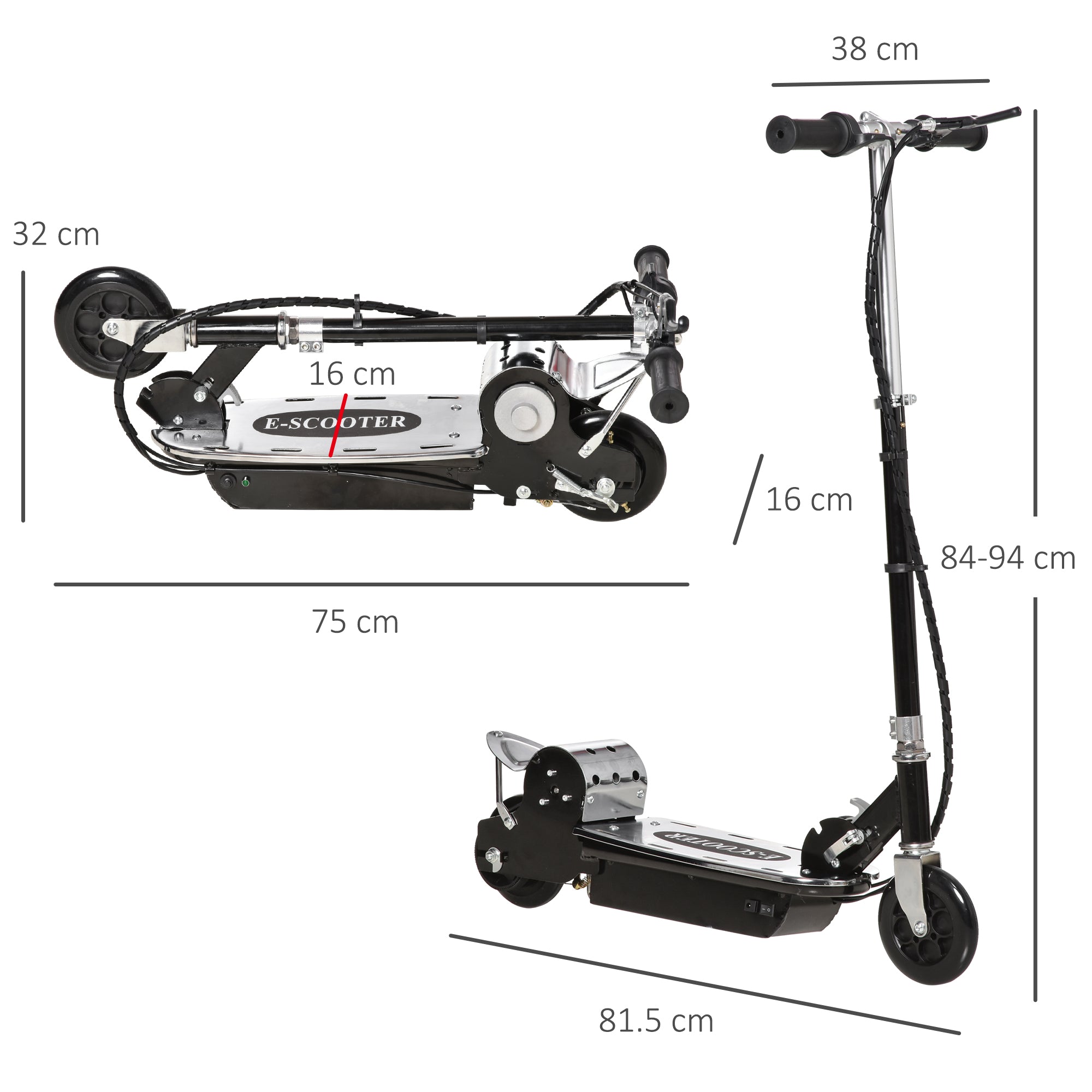 Folding Scooter for Children Ages 7-12, 120W with Brake and Kickstand, 75x37x98 cm, Black