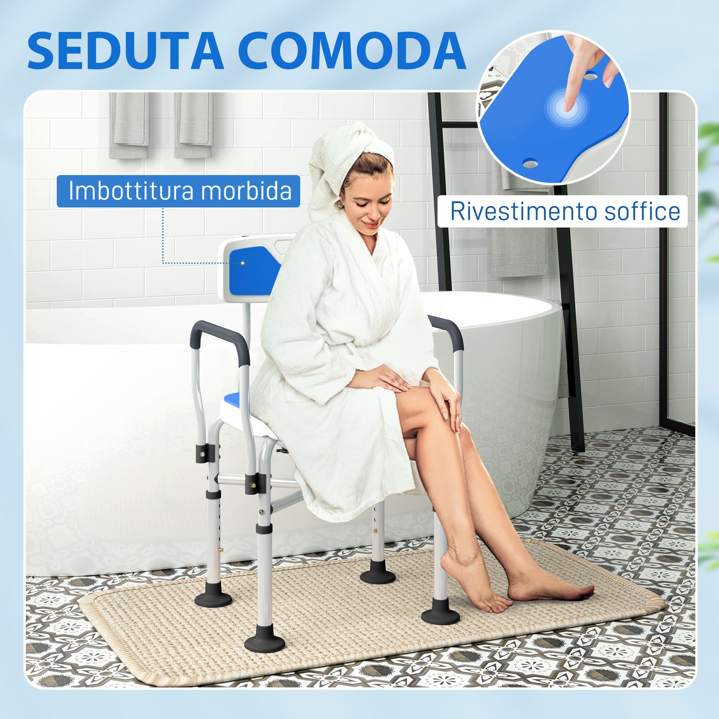 Shower Chair with Grooved Seat, Height Adjustable and Non-Slip Feet, Blue