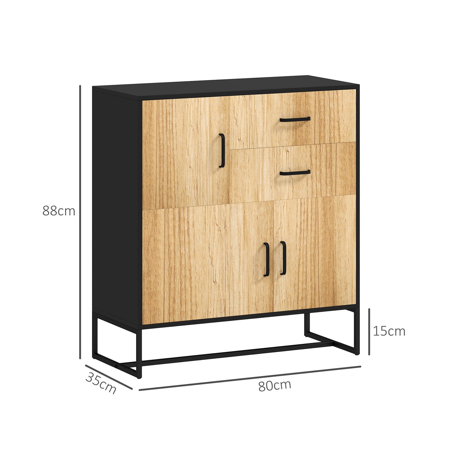 Modern Sideboard with 3 Cabinets and 2 Drawers, in Chipboard and Steel, 80x35x88 cm, Black and Wood Color