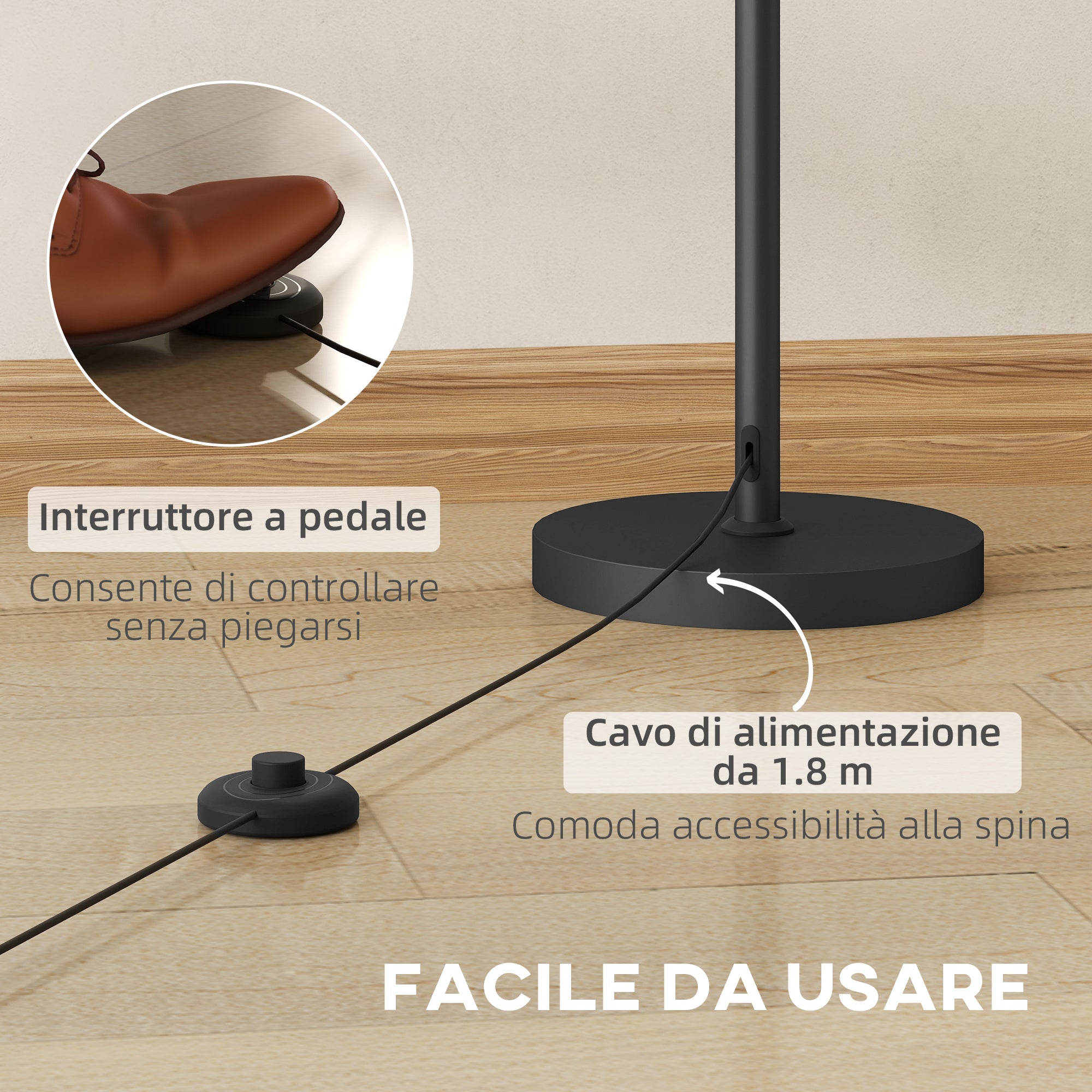 165cm High Floor Lamp with 3 Light Points and Foot Switch, E27 Socket Max 40W, Gold