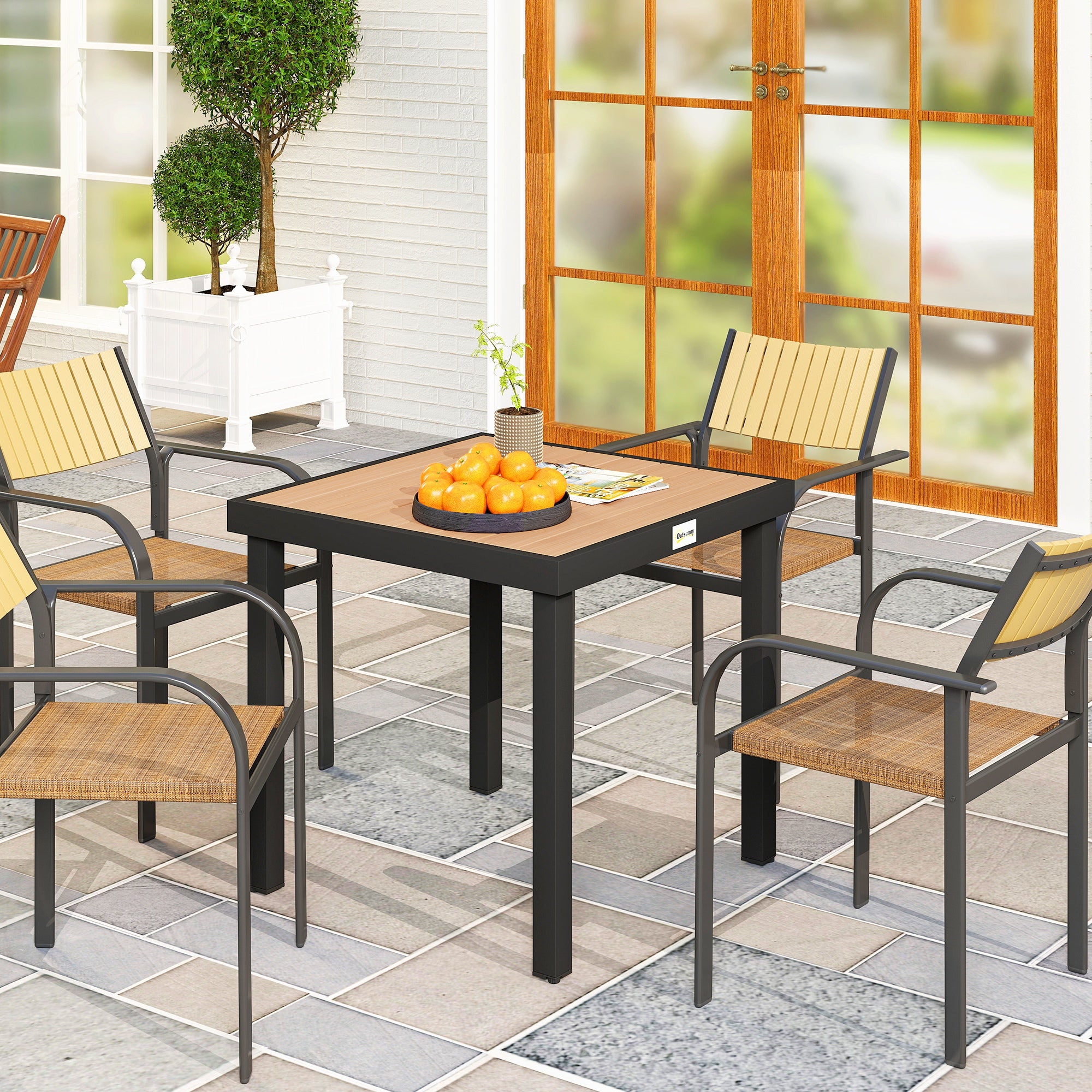 4-Seater Garden Table in Aluminum and Plastic, Black and Wood Color