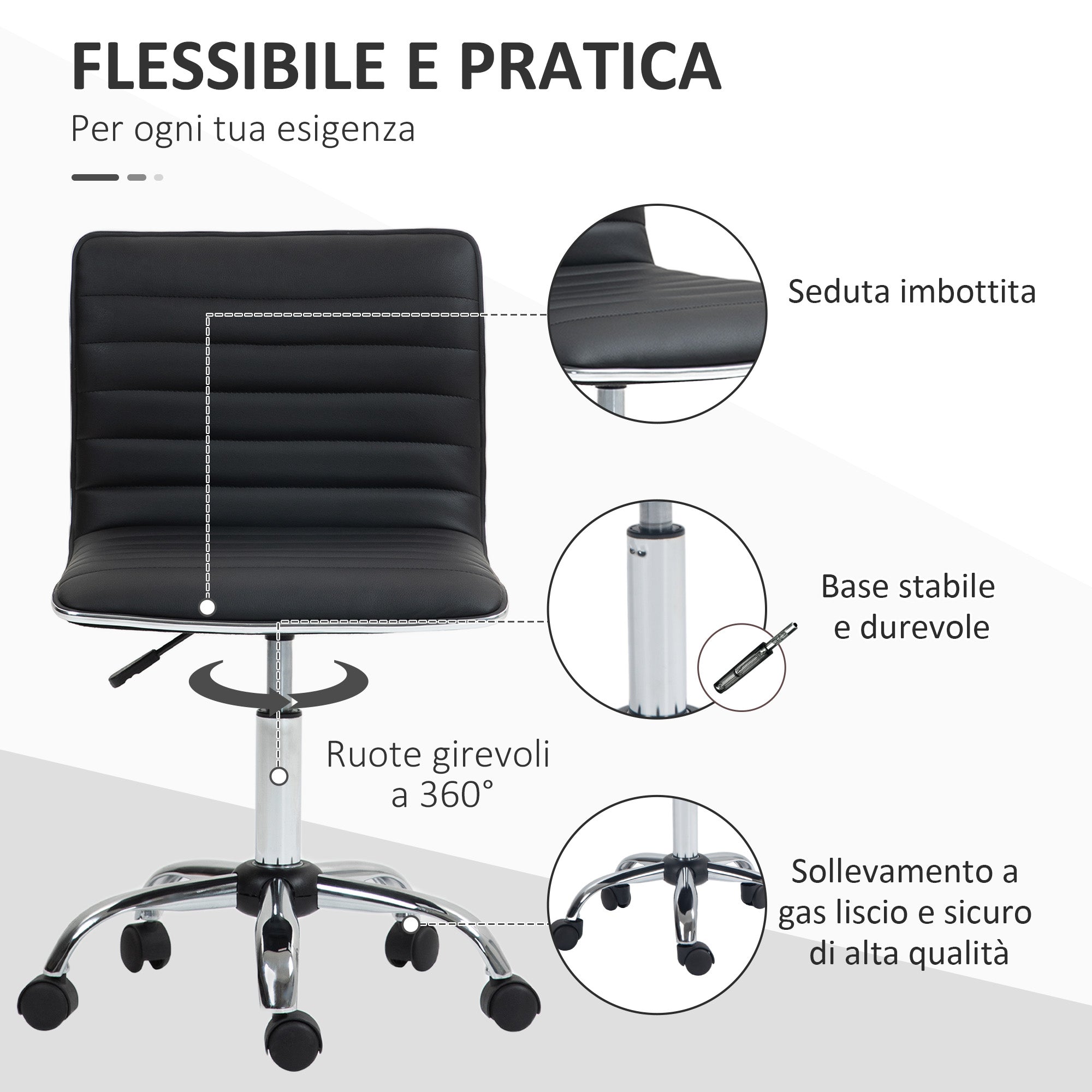 Ergonomic Office Chair in PU Leather with Adjustable Height, Swivel Seat and Wheels, Black