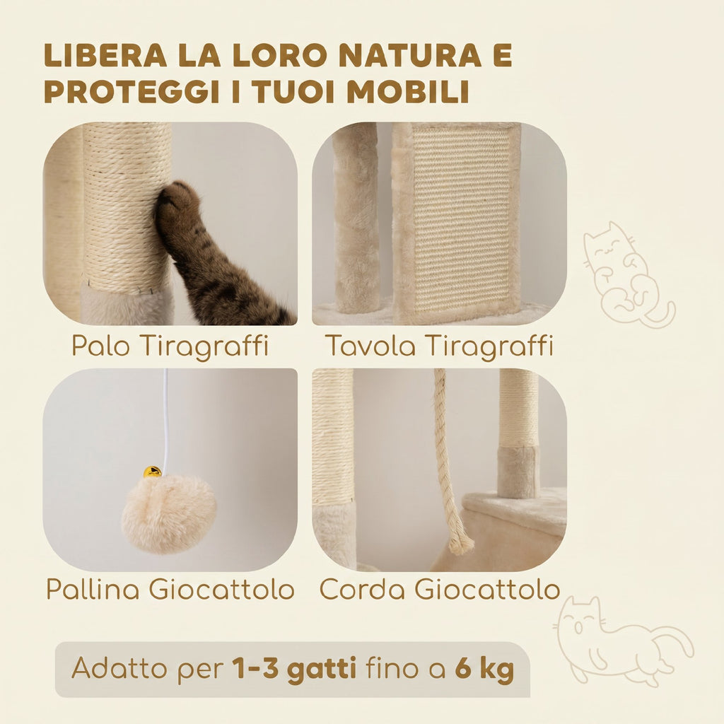 PawHut Cat Scratching Post, 206cm Tall, with 4 Scratching Posts, Caves, Baskets, Hammocks, for 1-3 Kittens 6kg, Beige