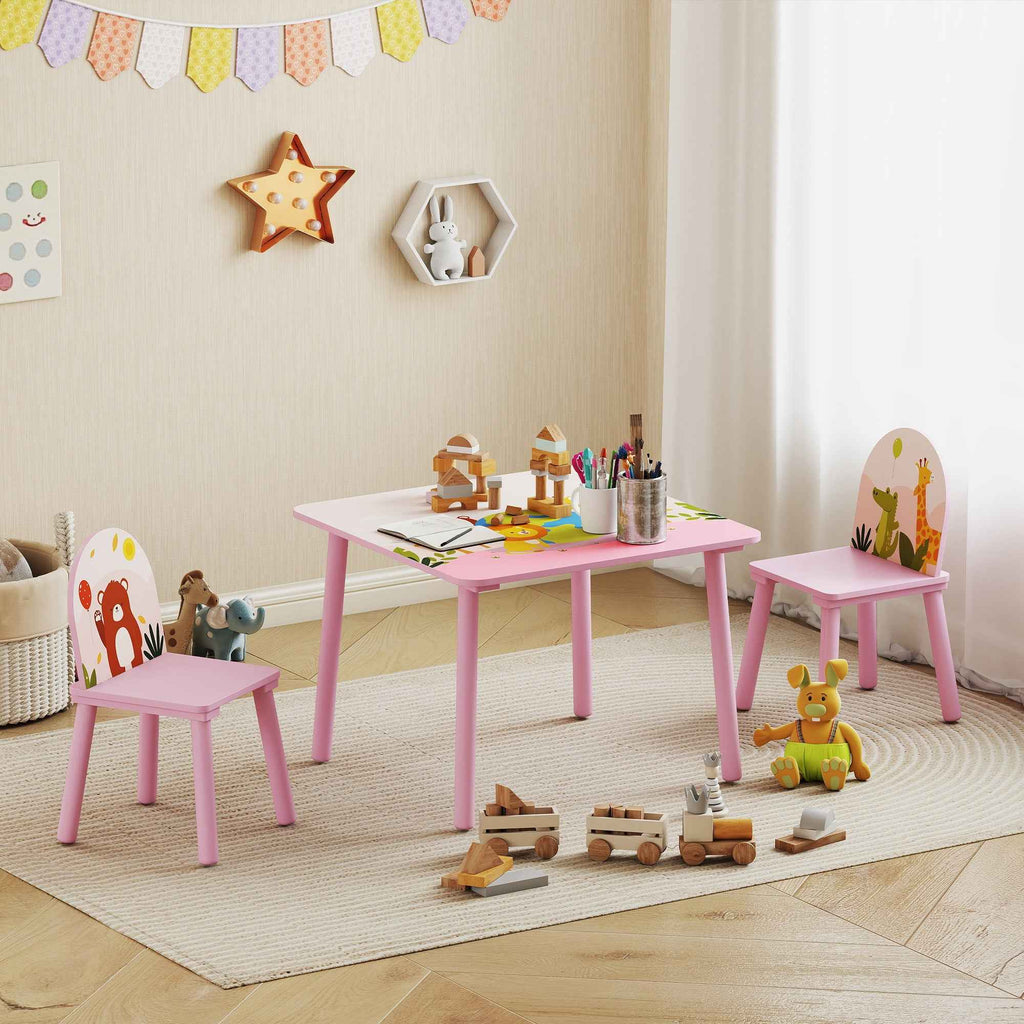 AIYAPLAY Children's Table and Chair Set for 3-8 Years Old with Animal Patterns and Rounded Edges, in MDF and Pink Pine Wood