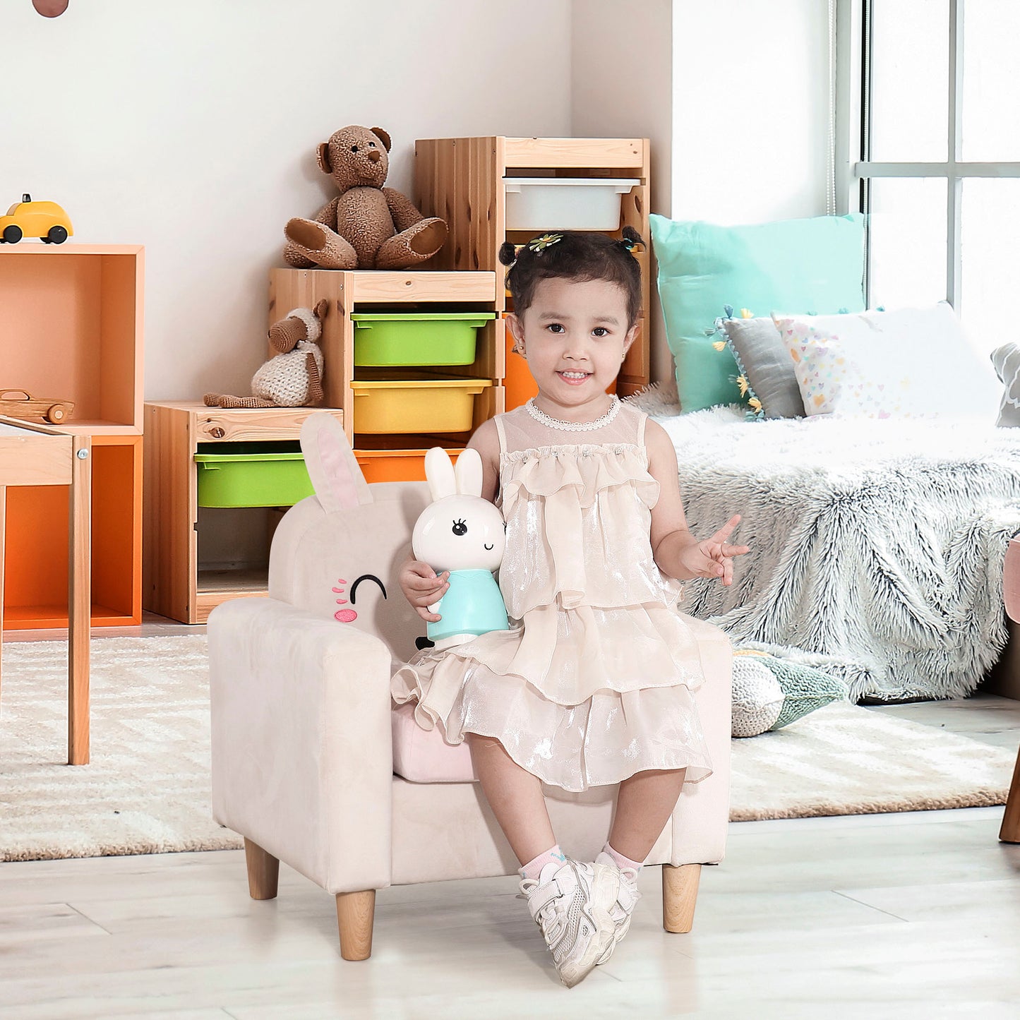 HOMCOM Children's Armchair with Rabbit Design and Wooden Legs, 53x47x54.5 cm, Cream