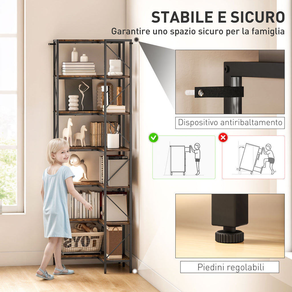 7-Tier Industrial Corner Bookcase, Wood and Steel, 60x60x198 cm, Rustic Brown