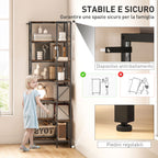 7-Tier Industrial Corner Bookcase, Wood and Steel, 60x60x198 cm, Rustic Brown