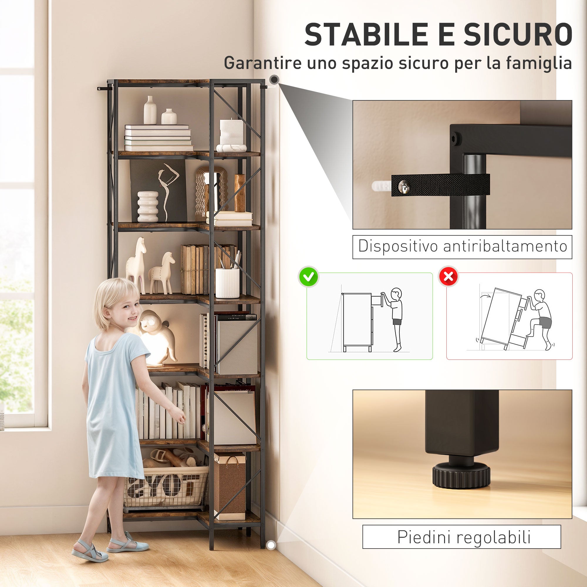 7-Tier Industrial Corner Bookcase, Wood and Steel, 60x60x198 cm, Rustic Brown