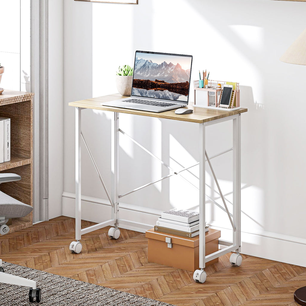 HOMCOM Space-Saving Folding Desk with 4 Wheels and Brake, 80x40x75 cm, Wood