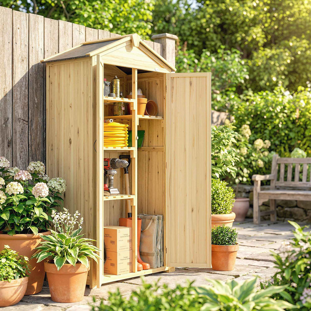 Outsunny 3-Door Garden Cabinet with 4 Shelves and Hooks, in Fir Wood, 93x53x168 cm, Wood Color