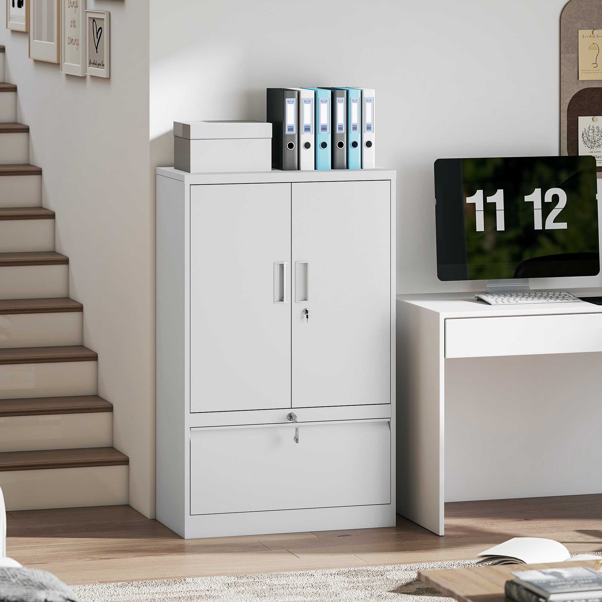 Steel Office Cabinet with Adjustable Internal Shelf and Drawer, 80x40x130 cm, White