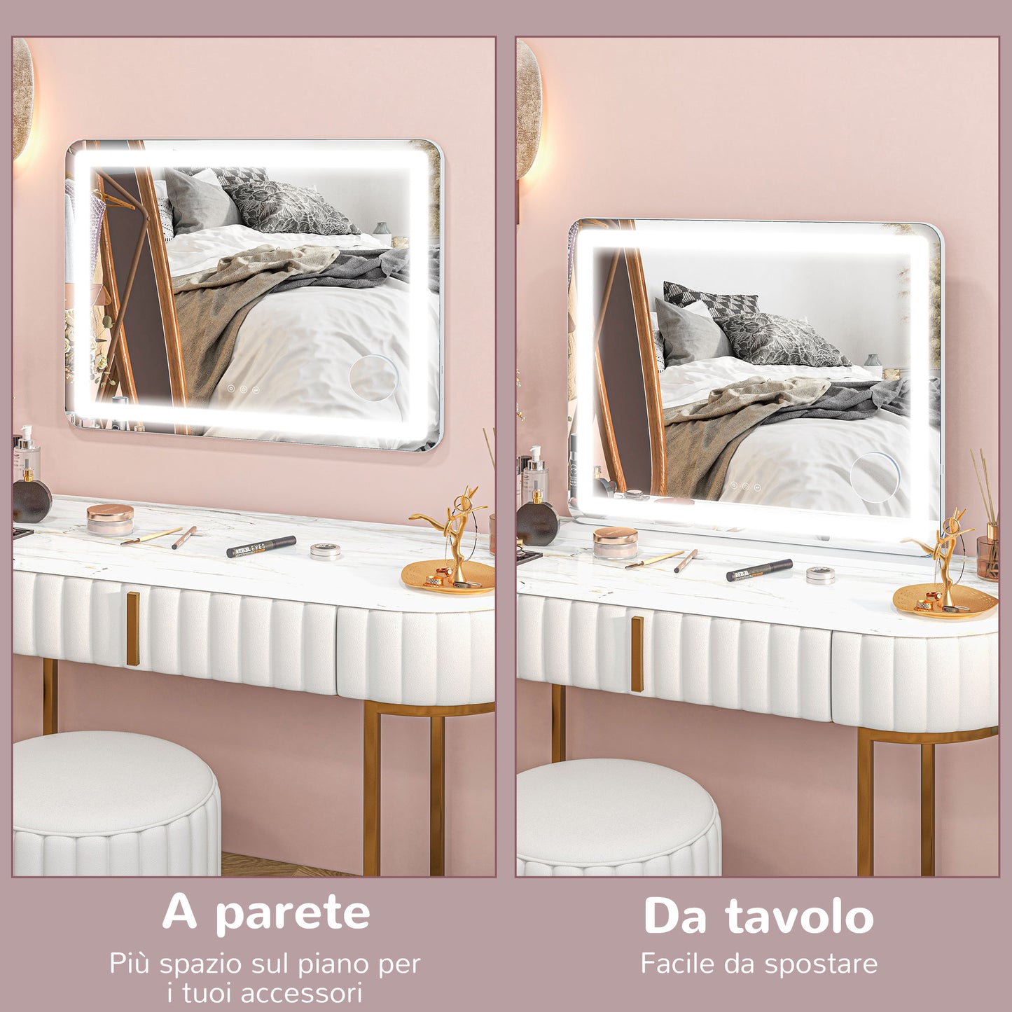 Makeup Mirror with Adjustable LED Lights, 10x Magnification, USB Socket and Touch Controls, 80x62x14cm