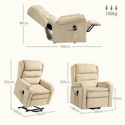 Lifting Armchair 160° Reclining  with Footrest and Remote Control, in Velvet, 85x88x109 cm, Cream