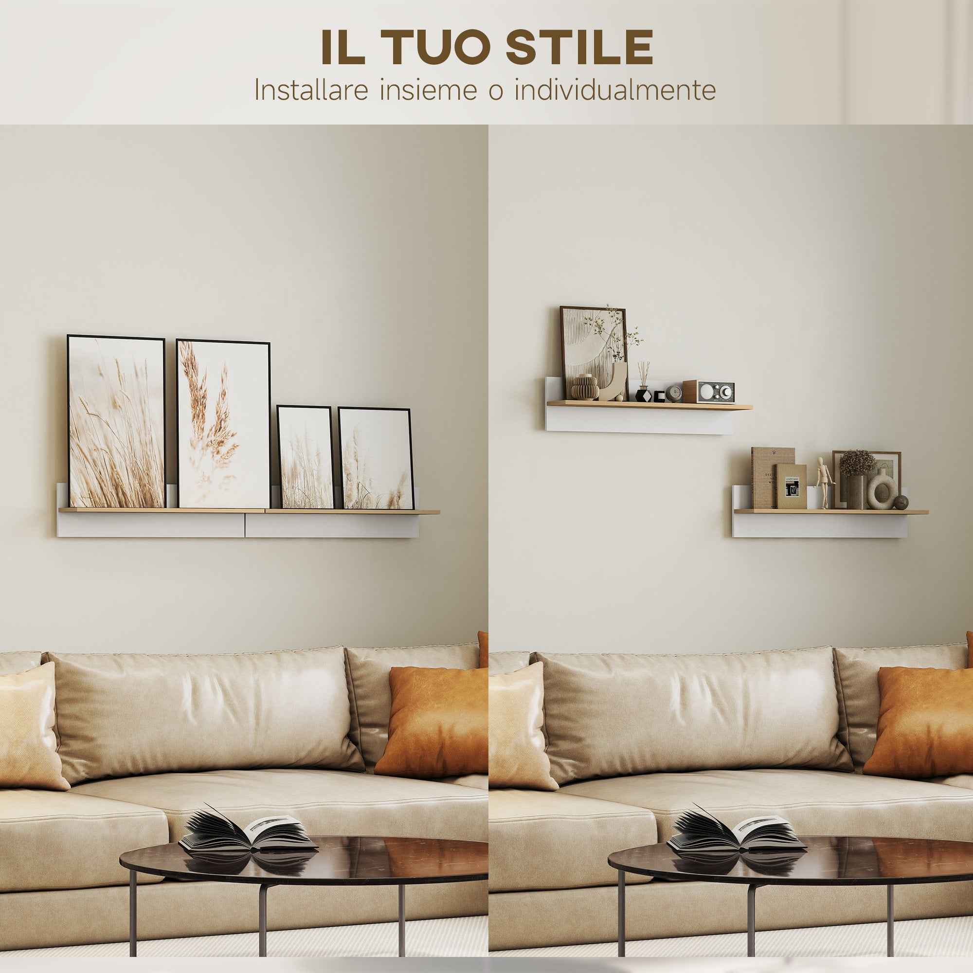 HOMCOM Set of 2 Wooden Wall Shelves for Home and Office, 80x16.5x20 cm, White and Wood Color