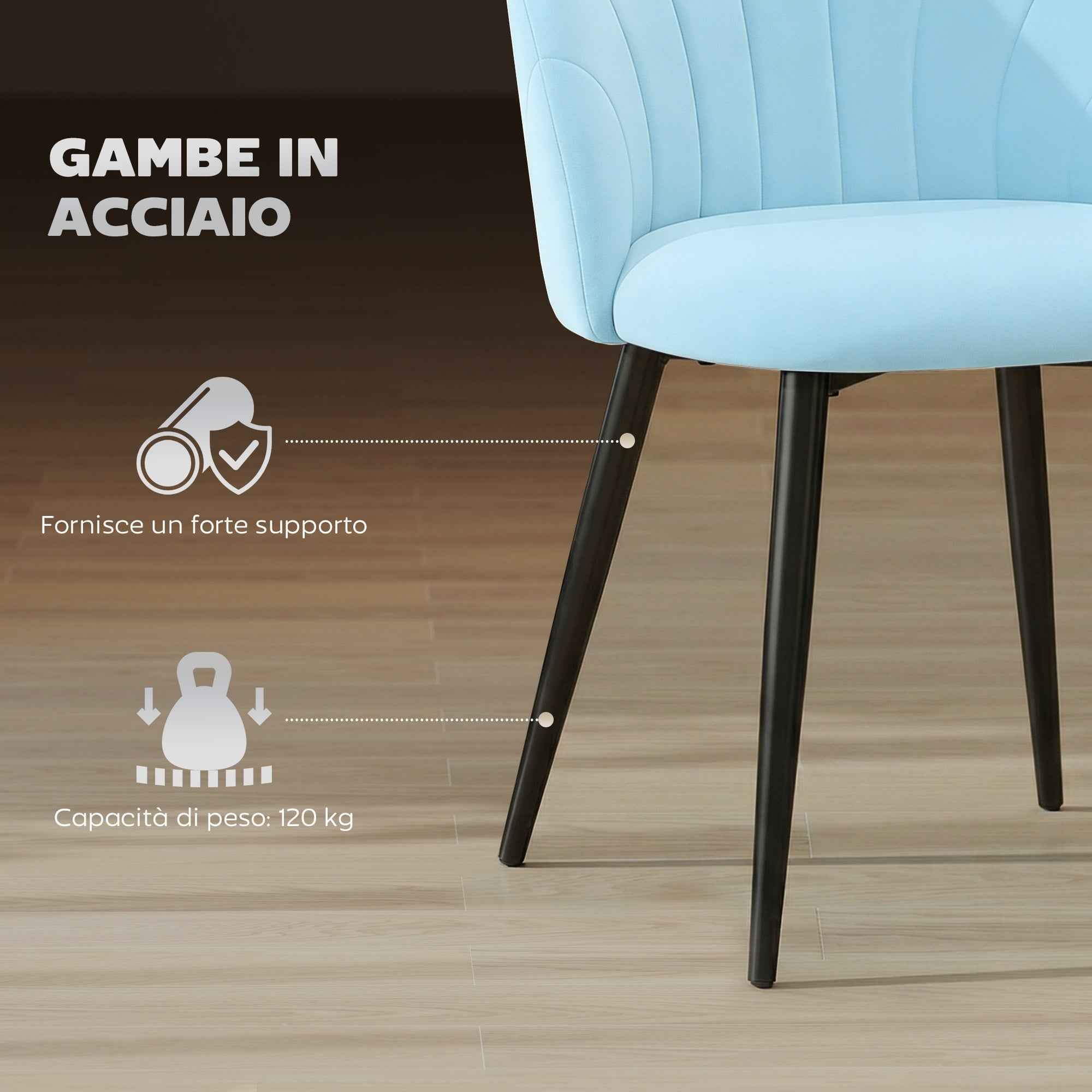 HOMCOM Set of 2 Upholstered Dining Chairs with Shell Back in Velvet, 52x55x79 cm, Blue