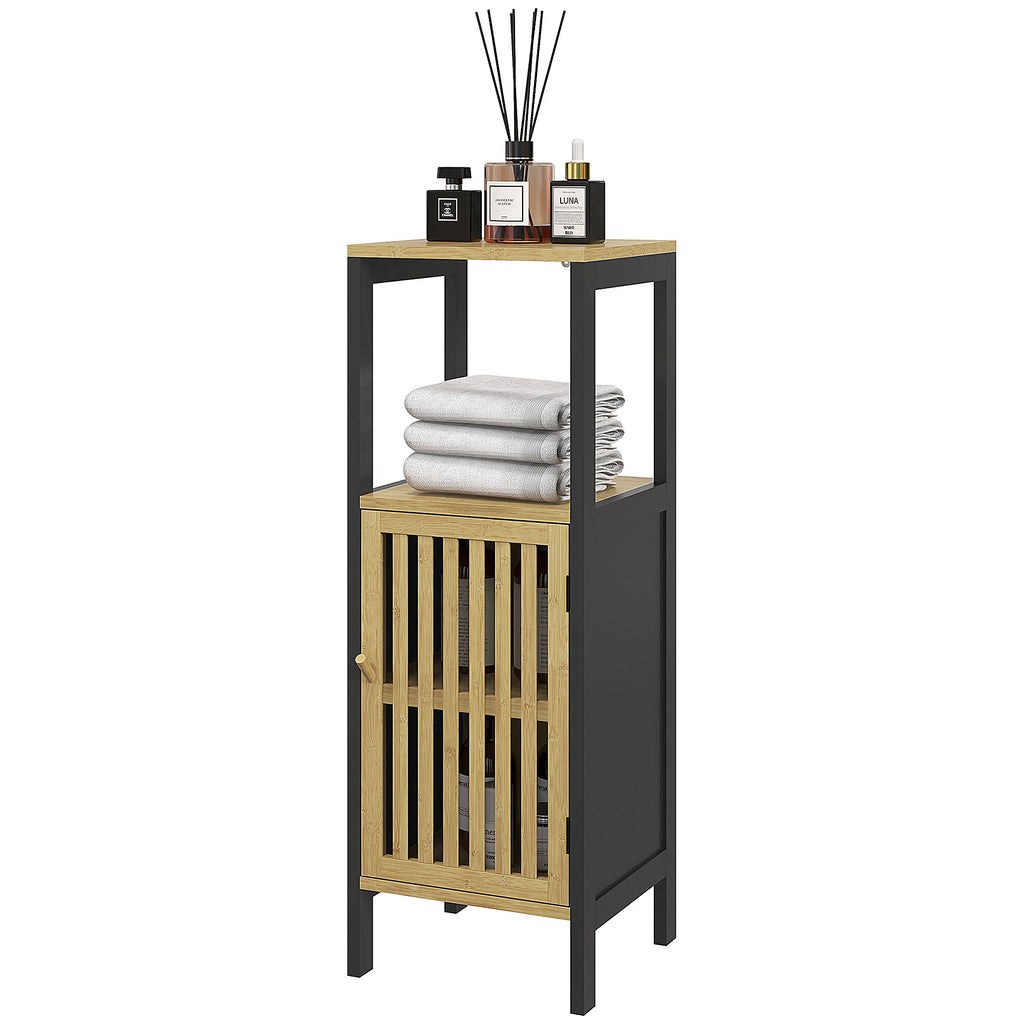 HOMCOM Bathroom Cabinet with Open Shelf and Cabinet, in MDF and Bamboo, 32x30x90.5 cm, Black and Wood Color - Borgè