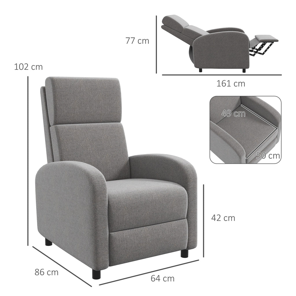 160° Reclining Armchair in Linen Effect Fabric with Square Armrests, 64x86x102 cm, Grey - Borgè