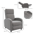 160° Reclining Armchair in Linen Effect Fabric with Square Armrests, 64x86x102 cm, Grey - Borgè