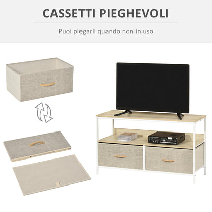 47" TV Stand with Folding Fabric Drawers and Metal and MDF Shelf, 98x29x56cm, Wood Color